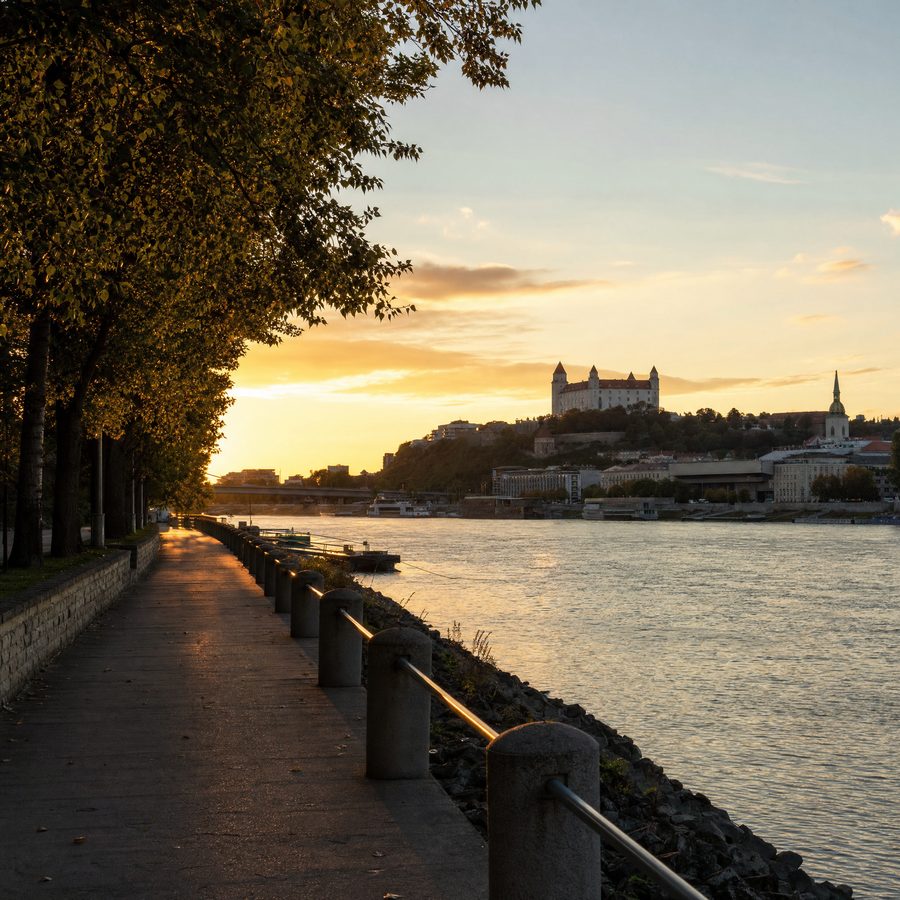 Danube riverside promenade in Bratislava with the castle in the background