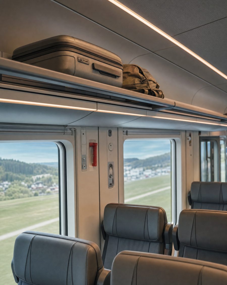 A suitcase and backpack stowed near a train carriage door on a modern European intercity train