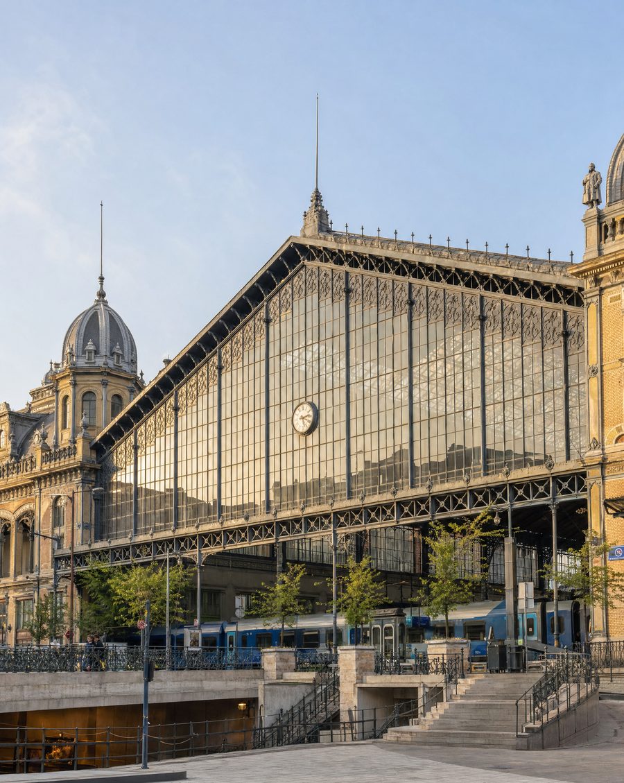 Budapest Nyugati railway station's ornate glass and iron facade