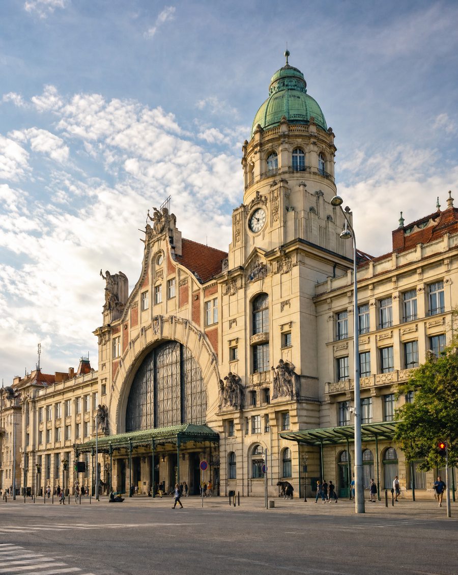 Prague's Main Railway Station, Art Nouveau facade with domed tower